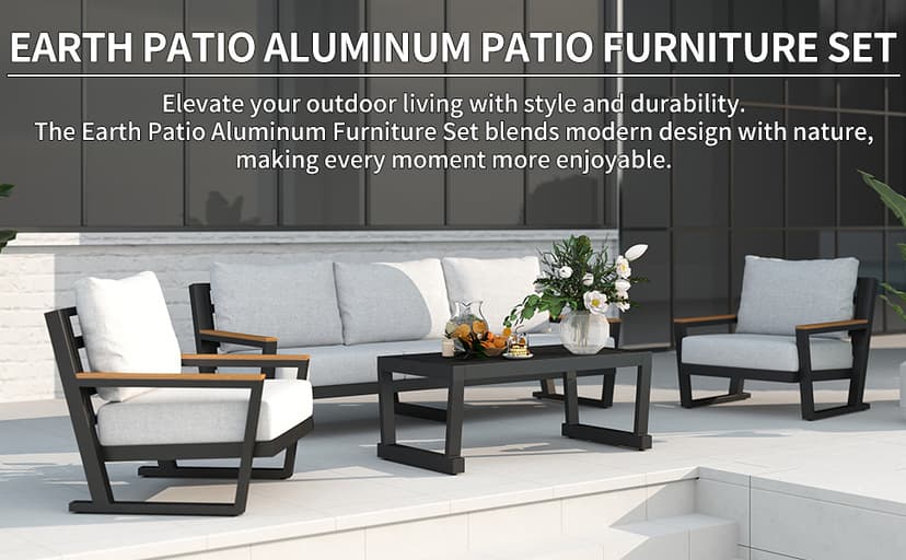 Aluminum Outdoor Furniture with Coffee Table,5 Seats Patio Furniture Set Sectional Waterproof Sofa with Conversation Set Table with Upgrade and Washable Cushion Grey