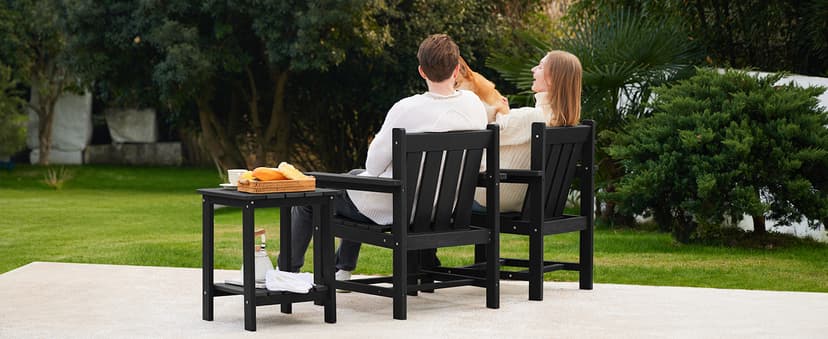 SERWALL 3 Pieces Patio Bistro Set, All Weather Adirondack Chair Set with Side Table, HDPE Material Outdoor Patio Furniture Set for Balcony, Porch, Garden, Backyard- Black