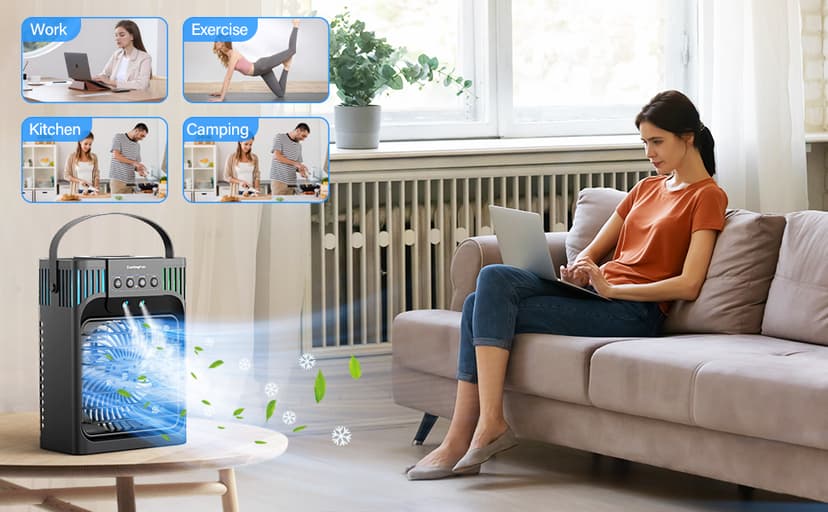 Portable Air Conditioners,4-in-1 Evaporative Air Cooler with 3 Speeds, 3 Modes & 7 LED Light Cooling Fan with Remote, 2-8H Timer, 1200ML Personal Mini Air Conditioner for Bedroom and Office