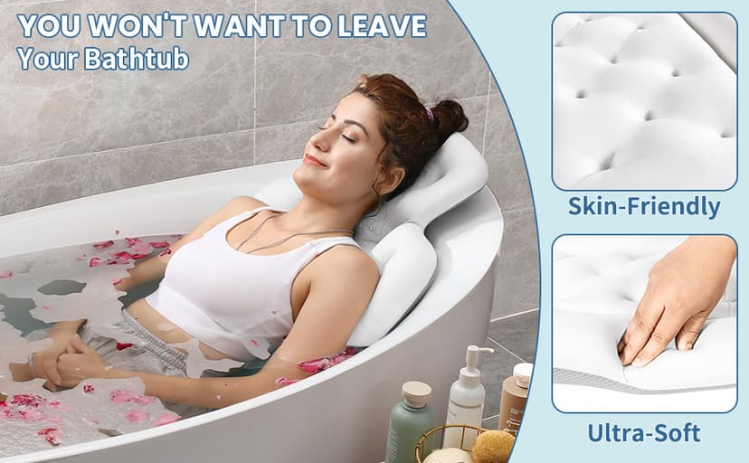 Full Body Bath Pillow for Bathtub, Thick Bathtub Cushion with Laundry Bag, Luxury Tub Pillow for Bath for Headrest Neck and Back Support White 51" x 16"