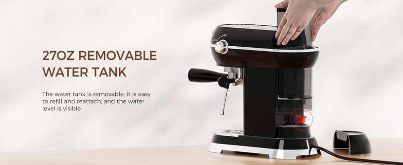 Espresso Machine with Milk Frother, 20 Bar Espresso Maker for Latte and Cappuccino, Expressions Coffee Machine with Removable Water Tank (Glossy dark)
