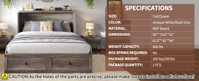 Murphy Bed Queen Size, Cabinet Bed with Charging Station Large Storage Drawer for Home Office or Small Room, Hideaway Bed Full Foldable Platform Bed, Rustic Grey