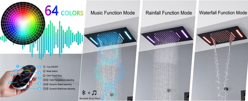 MONDAWE 23" Full Body Thermostatic Shower Jets System, 64-Color LED Music Waterfall Rainfall Luxury Shower Head System with 6 Spray Jets, Ceiling Mount Rain Shower Faucet Set, Matte Black