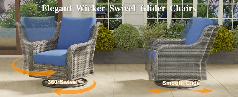 6 Piece Patio Furniture Set with Swivel Chairs, Side Table & Ottomans, Outdoor Conversation Set for Backyard, Deck, Porch, Poolside - Blue Comfortable Cushions in Mixed Grey Wicker