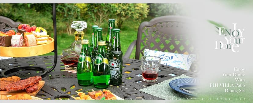 PHI VILLA Cast Aluminum Patio Dining Set for 6 Person, 7 Piece Outdoor Patio Set with 54" Dia Cast-Top Aluminum Table(2.1" Umbrella Hole) and 6 Swivel Rockers Dining Chairs with Seat Cushions