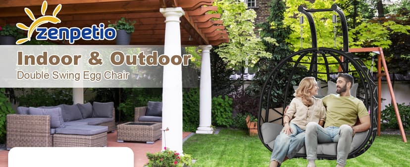 ZENPETIO Double Egg Chair with Stand, 2 Person Swing Egg Chair, Rattan Wicker Swing Chair with UV Resistant Cushion and Pillow, for Indoor Outdoor Bedroom Patio Hanging, Black