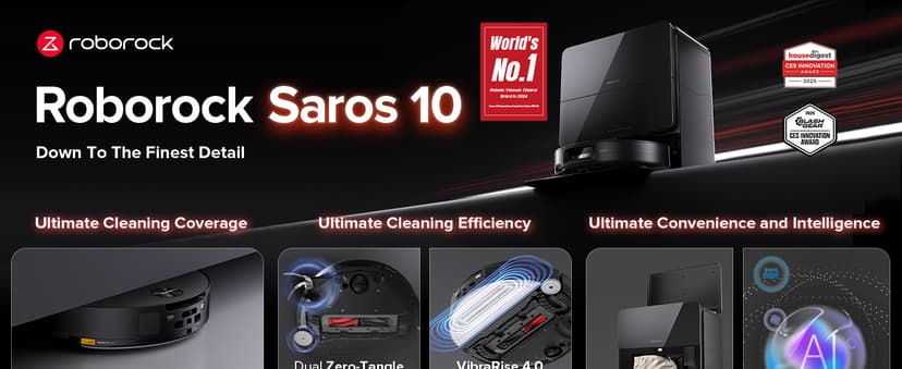 roborock Saros 10 Robot Vacuum and Mop, 22,000Pa Suction, AI Obstacle Avoidance, 3.14-inch Ultra Thin, Intelligent Dirt Detection, Zero Tangling Main Brush, Hot Water Mop & Dock Self Cleaning