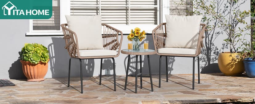 YITAHOME 3-Piece Outdoor Wicker Patio Conversation Bistro Set, All-Weather Furniture Set with Table & Cushions, Outdoor Sectional Sofa for Balcony, Backyard, Deck, Beige