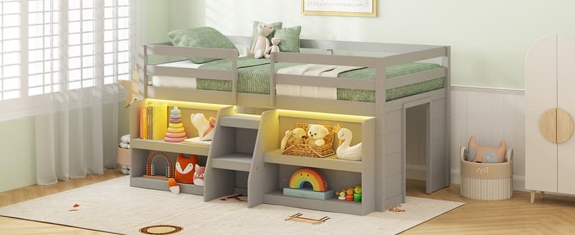 Giantex Low Loft Bed with LED Lights, Wooden Loft Bed Twin Size with Stairs & Safety Guardrail, Loft Bed for Kids with Storage Bookcase and Under-Bed Play Space, Grey