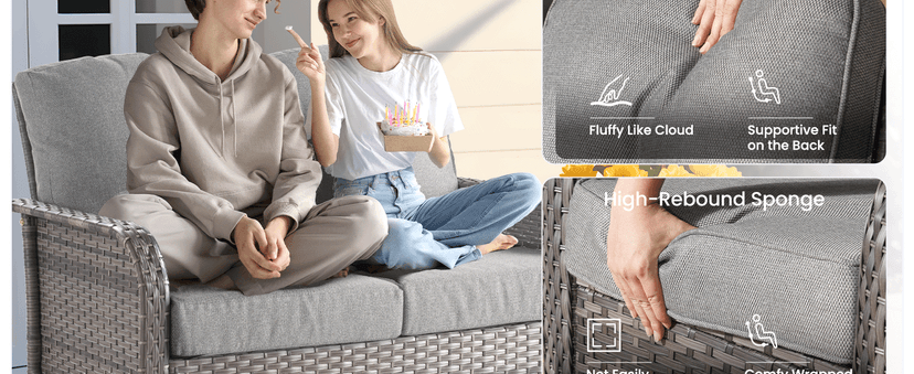 ovios 5 Pieces Patio Furniture Set, Outdoor Wicker Sofa with Swivel Chairs, Coffee Table, All Weather High Back Rattan Loveseat Couch with Comfy Cushions, Dark Grey