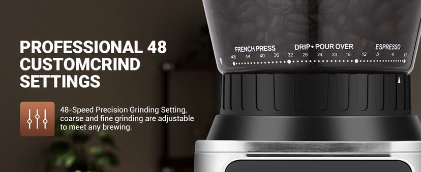 AMZCHEF Coffee Grinder, Coffee Bean Grinder for Home Use with Precise Grinding, LED Control Panel, Detachable Funnel Stand, Anti-static Design, 48 Grind Settings, silver