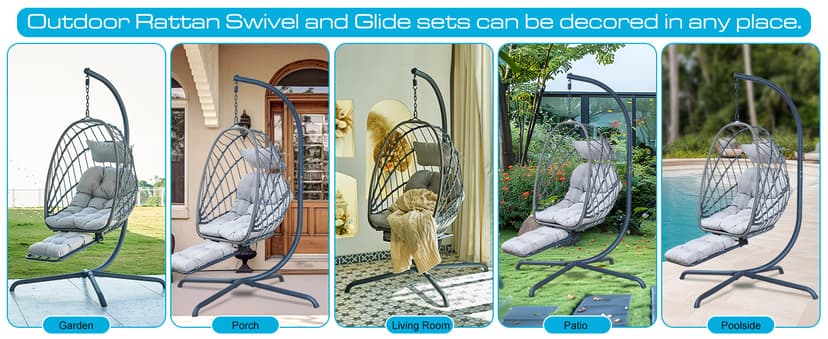 Hanging Egg Chair with Stand and Leg Rest – Rattan Wicker Swing Hammock Chair, UV-Resistant Cushion, Heavy-Duty Frame for Indoor & Outdoor Patio, Bedroom, Balcony, Garden – 330 lbs Capacity.