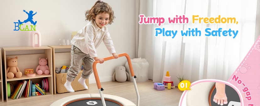 BCAN 36'' Toddler Trampoline, ASTM Certified-Foldable Mini Trampolines for Kids Ages 1-6, Adjustable Handle, Safety Pad & Foldable Legs, Baby Trampoline Indoor/Garden, Gift for Boy and Girl