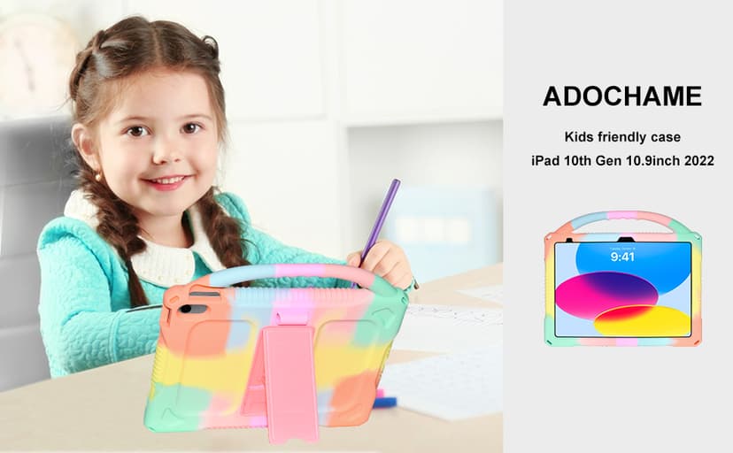 Adocham Kids Case for New iPad (A16) 11th Generation 11 Inch 2025/10th Generation 10.9 Inch 2022 Built-in Stand Handle,Lightweight Shockproof Silicone Kids Cover for iPad 10th/11th Gen (Rainbow)