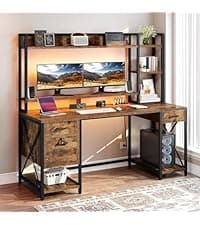 DWVO Farmhouse Office Desk with Drawer & Power Outlets, Wood Computer Desk w/LED Strip & Monitor Stand for Bedchamber Study, Home Office Table with Storage Cabinet for Working Writing Gaming (White)