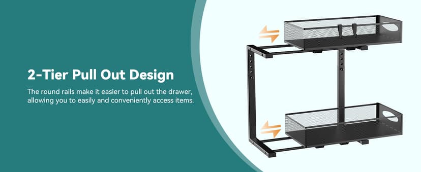 2 Pack Under Sink Organizer, 2 Tier Metal Pull Out Under Sink Storage with Sliding Mesh Drawers, Height Adjustable Slide Out Under Sink Organizer for Kitchen Bathroom Cabinet, Black