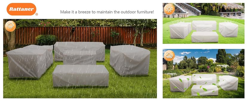 Rattaner 7-Piece Outdoor Furniture Sets Patio Furniture Set with 45-inch Fire Pit Patio Couch Outdoor Chairs 60000 BTU Propane Fire Pit Table with Non-Slip Cushions Waterproof Covers, Light Grey