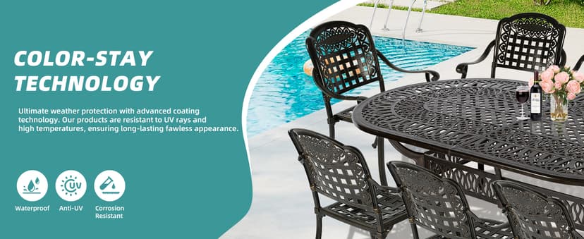 MEETWARM 9-Piece Outdoor Furniture Dining Set, All Weather Cast Aluminum Patio Garden Set with 8 Chairs,1 Oval Table, 2" Umbrella Hole, Dark Bronze