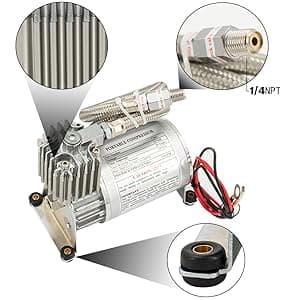 Universal 150 PSI Horns Heavy Duty Onboard Air Compressor, Replacement for Truck/Car Train Horn/Suspension/Ride/Bag kit/System and All 12v Vehicles like Semi/Pickup Trucks, Silver 1/4