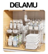 Delamu 2 Sets of 2-Tier Multi-Purpose Bathroom Under Sink Organizers and Storage, Stackable Kitchen Pantry Organization, Pull Out Medicine Cabinet Organizer with 8 Movable Dividers