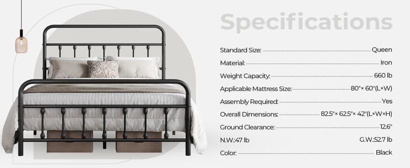 Yaheetech Classic Metal Platform Bed Frame Mattress Foundation with Victorian Style Iron-Art Headboard/Footboard/Under Bed Storage/No Box Spring Needed/Queen Size Black