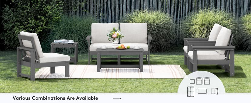 SERWALL HDPE Patio Furniture Set, 7-Piece Outdoor Sectional Sofa Set, All Weather Outdoor Couch Set for Deck, Lawn, Grey Frame with Khaki Cushion
