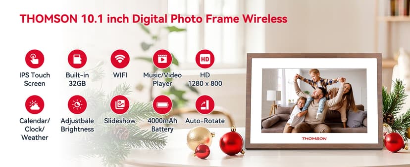 Digital Picture Frame with 4000mAh Battery, Digital Photo Frame WiFi with 32 GB, HD IPS Touch Screen, Auto-Rotate, Slideshow, Share Photos/Videos from Phone by App (10.1Inch Battery)