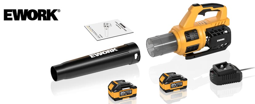 EWORK Cordless Leaf Blower 21V Electric Leaf Blower with (2) 3.0Ah Batteries and Fast Charger, Variable Speed, Turbo Mode, Battery Powered Handheld Leaf Blowers for Lawn Care and Clearance Yard Leaves