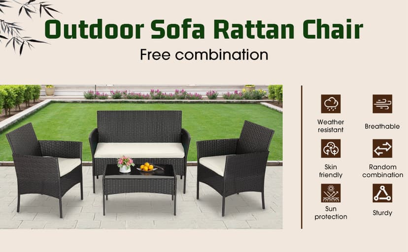 FDW | 4-Piece Patio Furniture Set | Black | Outdoor Wicker Furniture with Coffee Table | Modern Rattan Chairs Conversation Set | Outdoor Seating | Weather-Resistant | for Porch, Garden, Lawn