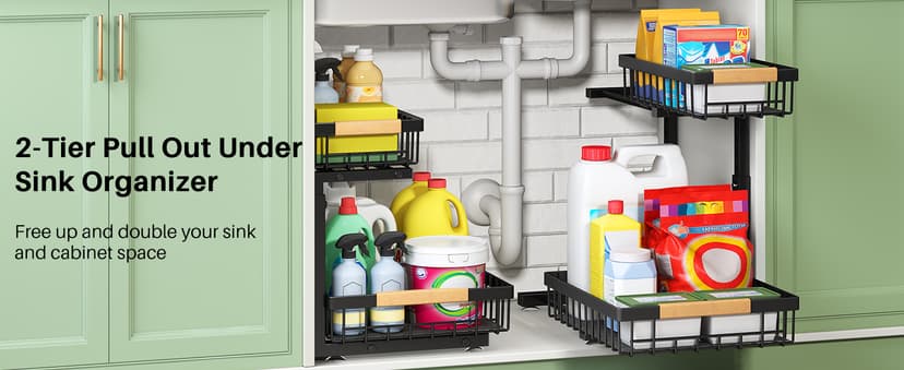 Under Sink Organizer, 2 Packs 2 Tier Under Sink Organizers and Storage, Slide Out Pull Out Cabinet Organizer Shelf, Metal Sliding Drawer for Kitchen Bathroom Pantry Cabinet Closet Organization Rack