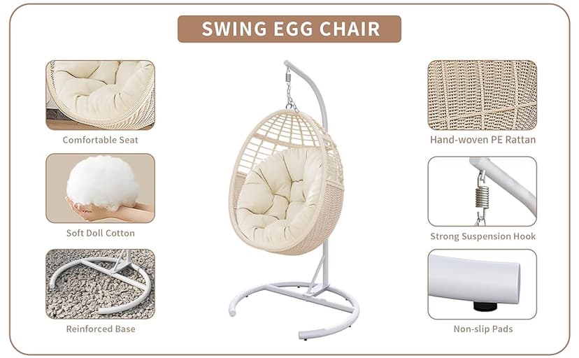 TWT Egg Swing Chair with Stand Hanging Egg Chair Outdoor - Rattan Wicker Patio Hanging Basket Chair Hammock Chair with Metal Frame and UV Resistant Cushion for Indoor Bedroom Balcony (Beige)