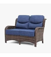 HILLGA Luxury Patio Furniture Set with 6-inch Thick Cushion, Outdoor Couch and High Back Swivel Rocker Patio Chairs, 7PCS Wicker Conversation Set for Deck Yard and Poolside, Blue (V2)