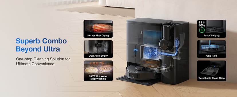 ECOVACS DEEBOT T30S Combo Robot Vacuum and Mop, All in One Cleaning Hub, 11000Pa, ZeroTangle Technology, TruEdge Adaptive Edge, Dual Self-Emptying, Hot Water Washing