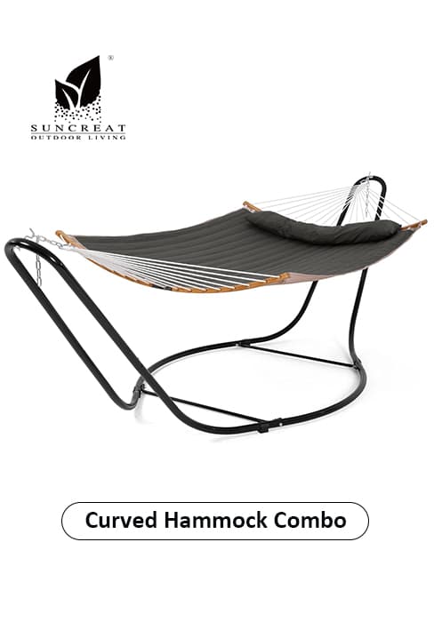 SUNCREAT Double Outdoor Hammock with Stand, Two Person Cotton Rope Hammock with Polyester Pad, Dark Gray