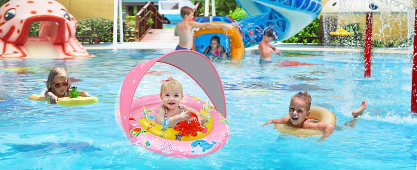EZIGO Baby Pool Float with Canopy UPF50+ Sun Protection, Inflatable Kids Pool Floats with Ocean Animal Toys for Baby 6-36 Months, Infant Swimming Float with Adjustable Safety Seat for Boys Girls