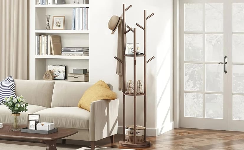 Rotatable Coat Rack, Floor Standing Household Shelf, Solid Wood Frame Standing Coat Rack, Living Room Entrance Bedroom Riser Hanging Rack, Walnut Color