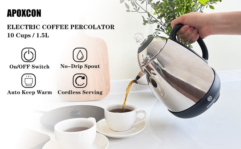 Electric Coffee Percolator Stainless Steel Coffee Maker with Clear Brew Progress Knob and No-Drip Spout Auto Keep Warm & Cordless Serving Coffee pot with On/OFF Switch Fast Brew (10 Cup)