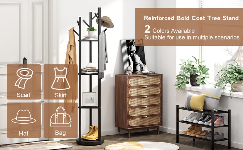 FILWH Bamboo Coat Rack Rotary Freestanding with Shelf Coat Tree Stand for Hallway Entryway with 9 Hooks and 3 Storage Shelves (Black)