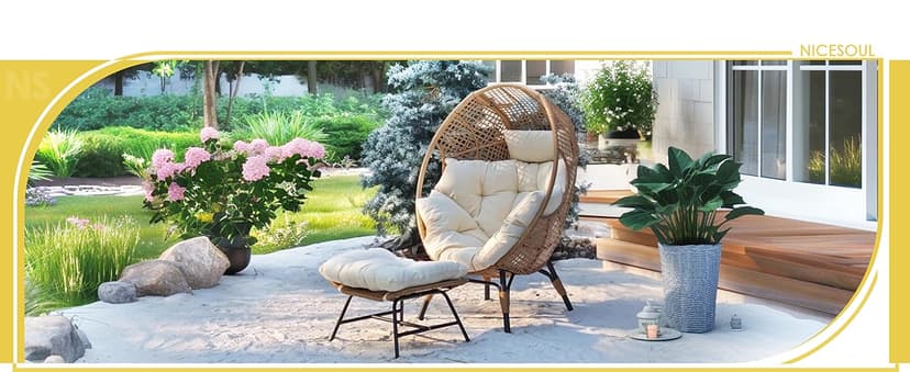 NICESOUL Wicker Egg Chair with Ottoman, Indoor Outdoor Egg Basket Lounge Chair w/Cushion, Oversized Egg Seat with Legs 440 Lbs, Comfy Cozy Boho Style Nest Chair w/Footrest for Patio, Balcony, Beige