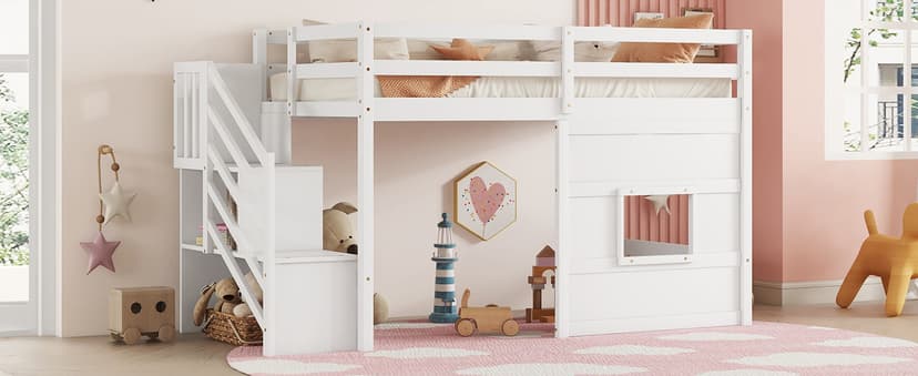 Twin Size Low Loft Bed with Stairs, Kids Loft Bed with Storage,Solid Wood Twin Loft Bed Frame for Kids, Space Saving Low Loft Bed for Boys, Girls, White
