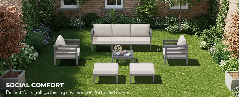 SERWALL HDPE Patio Furniture Set, 10 Pieces Outdoor Sectional Sofa Set, All-Weather Wood-Like Outdoor Sofa Couch with Coffee Table for Deck, Lawn, Grey Frame with Khaki Cushion