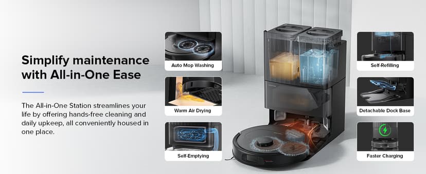 roborock Qrevo S Robot Vacuum and Mop, Self-Drying, Auto Mop Washing, 7000Pa Suction, Self-Emptying & Refilling, 10mm Auto Lifting, 200RPM Spinning Mops, Smart Obstacle Avoidance, Black