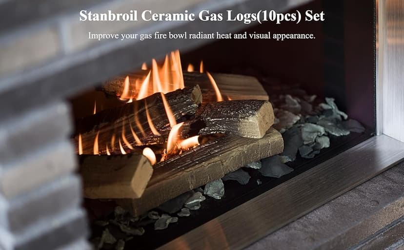Stanbroil Large Ceramic Gas Logs, 10 Piece Set of Decoration Ceramic Wood Logs for All Types of Ventless, Gel, Ethanol, Electric, Gas Inserts, Propane, Indoor or Outdoor Fireplaces & Fire Pits