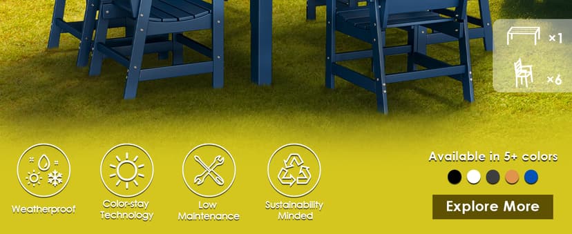 GREENVINES 7-Piece Outdoor Dining Set | HDPE | Patio Table and Chairs Sets for 6 | Patio Furniture | All Weather | Umbrella Hole | Blue| for Backyard Poolside Garden