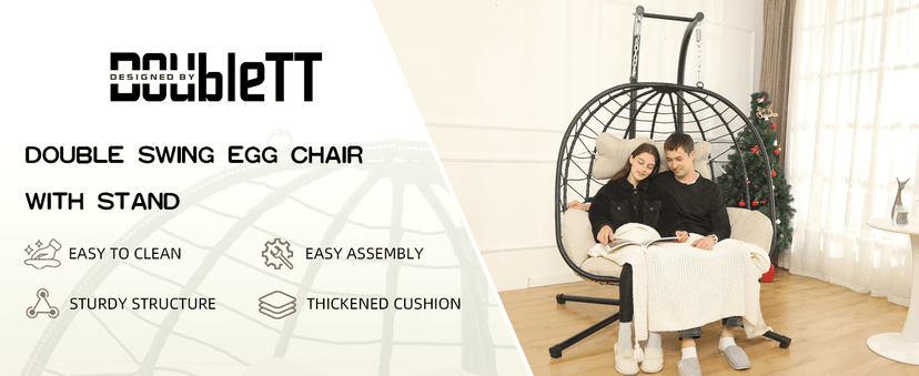 Double Egg Chair wth Stand Hammock Swing Chair Foldable Hanging Loveseat, UV Resistant Removable Cushions, 700LBS Capacity for Bedroom, Balcony, Garden(BK-BE)