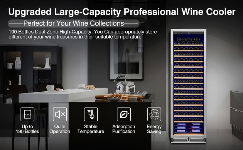 Upgraded 24 Inch Wine Cooler Refrigerator, 190 Bottles Wine Fridge with Professional Temperature Control System, Freestanding or Built-in installation, Quiet Operation