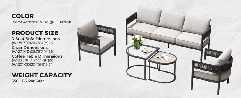 Grand patio 5-Piece Outdoor Furniture Set, 5 Seats Wicker Sofa Conversation Set with 3-Seat Couch, Thick Cushions and Coffee Table, for Backyard, Balcony, Garden (Beige)