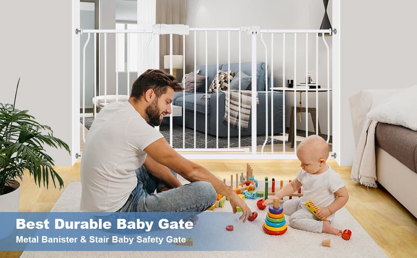 Extra Wide Baby Gate 62.2-66.9 Pressure Mounted,Child Dog Pet Safety Gates with Walk Through Door for Doorways Stairs No Drilling in Door,White