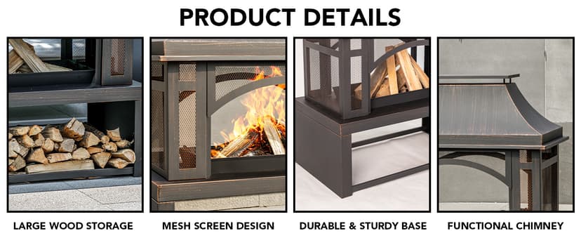 39" Fire Pits with Wood Storage for Outside, Large Wood Burning Outdoor Fireplace with Chimney, Mesh Spark Screen & Fire Poker, Idea for Backyard, Patio, Party, Camping, Picnic