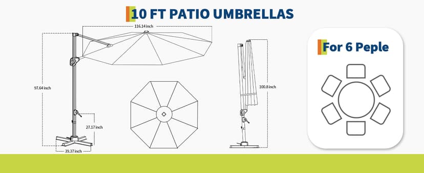10FT Patio Umbrella Outdoor Large Cantilever Umbrella w/Base Included Market Sun Shade Windproof Offset Umbrella with 360-Degree Rotation for Garden Deck Pool Patio, Turquoise Blue